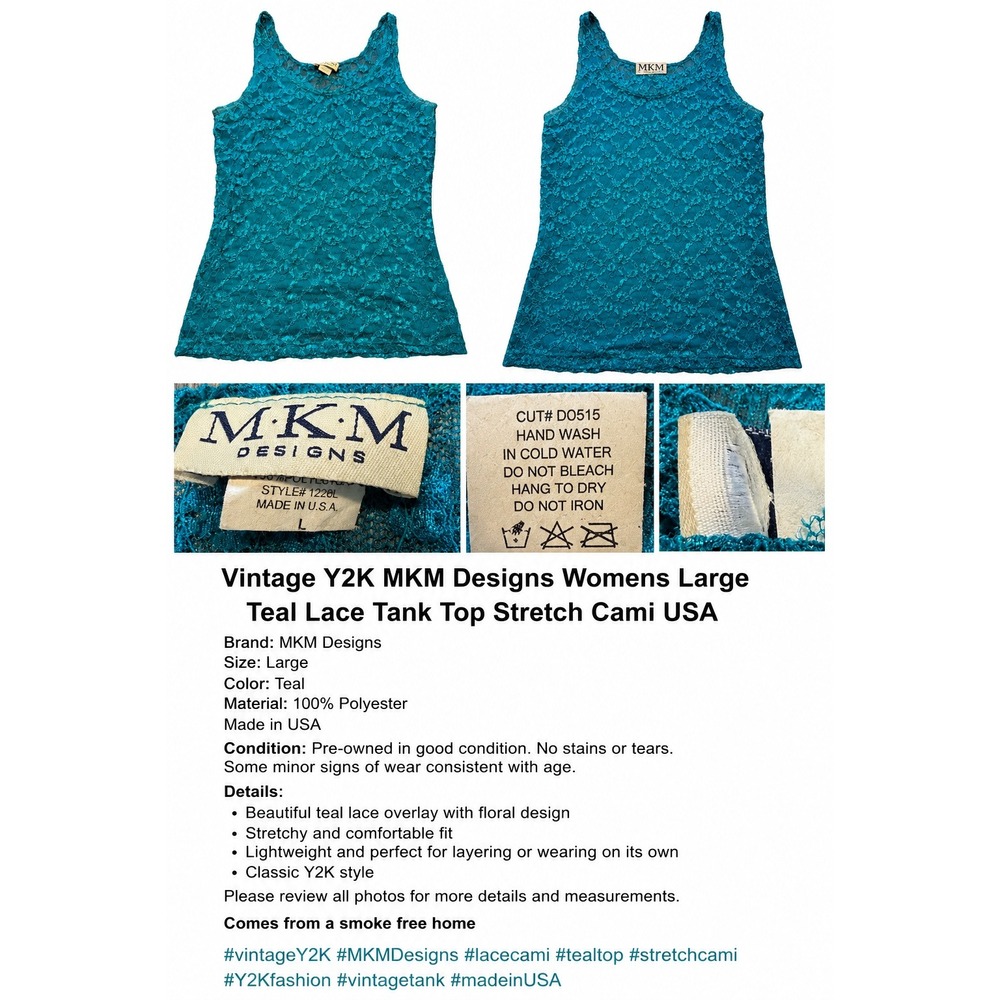 Vintage MKM Designs Womens Large Teal Lace Tank Top Sleeveless Stretch Cami USA